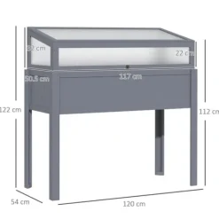 Drivhus^Højbed i træ med drivhus 120x54x112/122 cm, polykarbonat, grå – til tomater & grøntsager