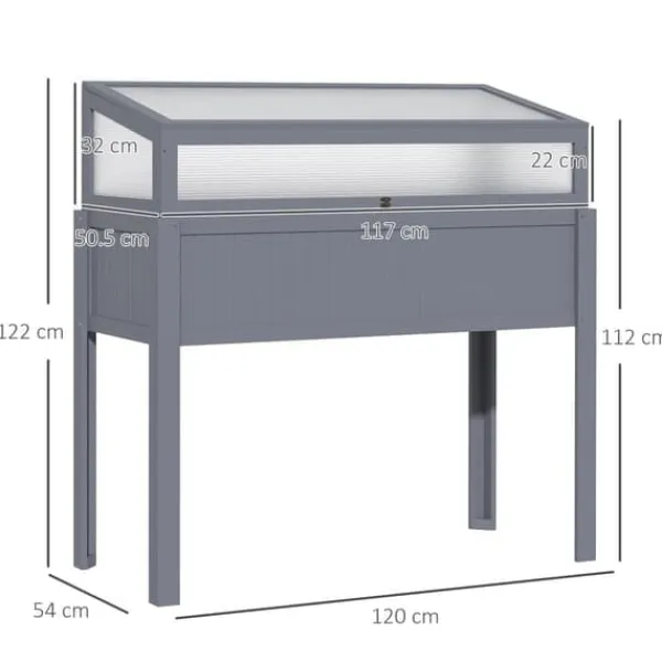 Drivhus^Højbed i træ med drivhus 120x54x112/122 cm, polykarbonat, grå – til tomater & grøntsager