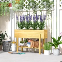 Best Højbed i træ 100x30x70,5 cm med hylde & dræning – vejrbestandig Plantningsbænke