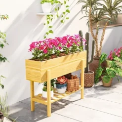 Best Højbed i træ 100x30x70,5 cm med hylde & dræning – vejrbestandig Plantningsbænke