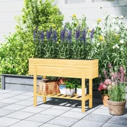 Best Højbed i træ 100x30x70,5 cm med hylde & dræning – vejrbestandig Plantningsbænke