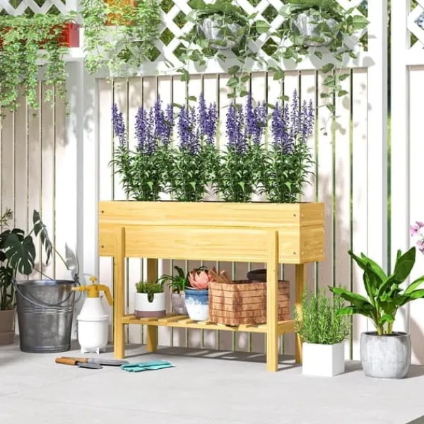 New Højbed i træ 100x30x70,5 cm med hylde & dræning – vejrbestandig Plantningsbænke