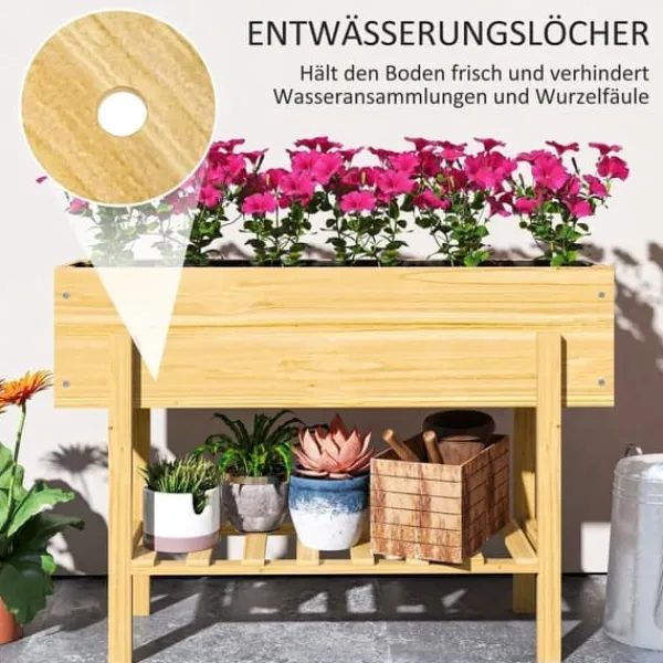 New Højbed i træ 100x30x70,5 cm med hylde & dræning – vejrbestandig Plantningsbænke