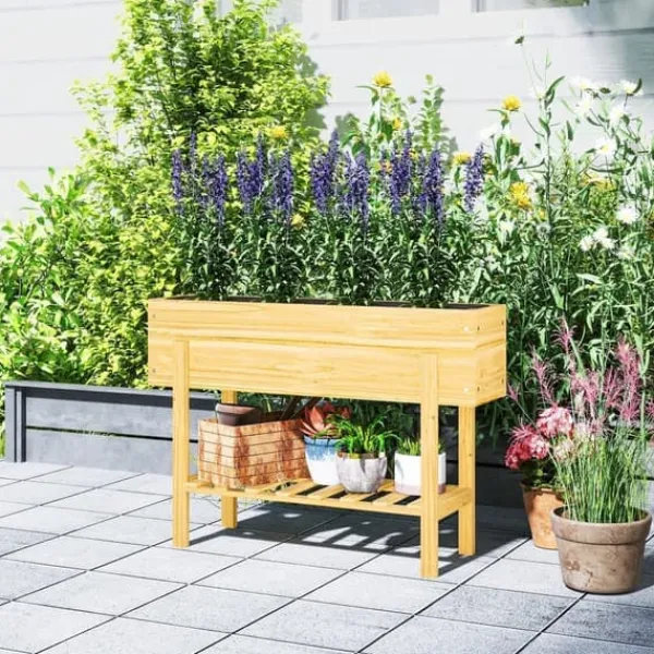 Plantningsbænke^Højbed i træ 100x30x70,5 cm med hylde & dræning – vejrbestandig