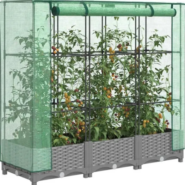 Clearance Højbed med drivhusovertræk 120x40x123 cm - Rattan-look | Farve: Grå Drivhus