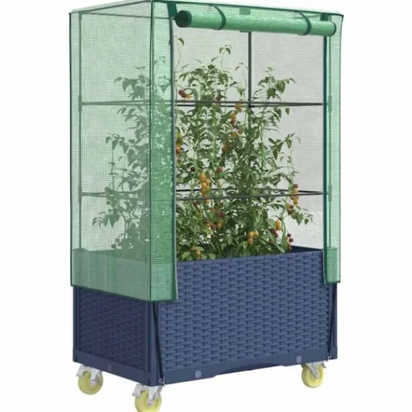 Drivhus^Højbed med drivhusovertræk og hjul - Rattan-look | Størrelse: 80x50x182 cm
