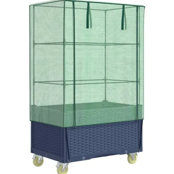 Drivhus^Højbed med drivhusovertræk og hjul - Rattan-look | Størrelse: 80x50x182 cm