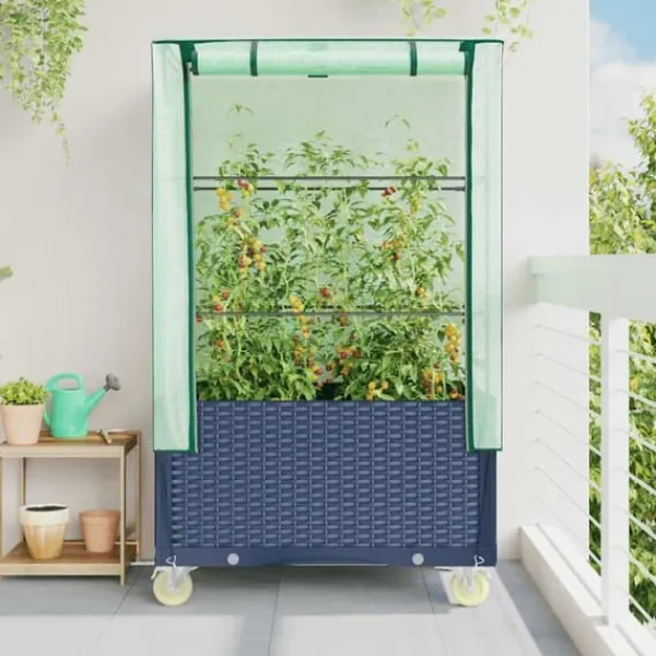 Drivhus^Højbed med drivhusovertræk og hjul - Rattan-look | Størrelse: 80x50x182 cm