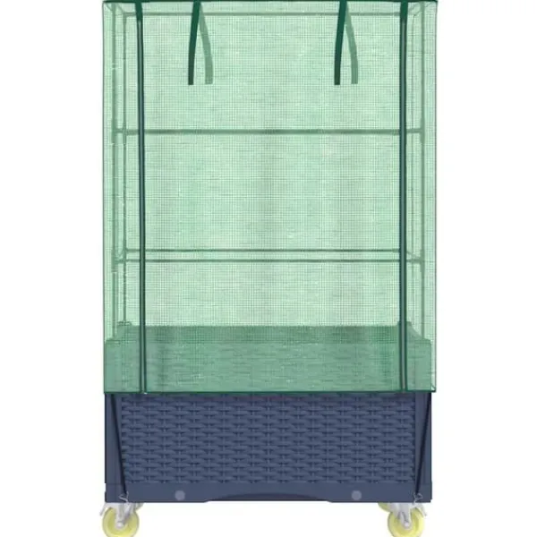 Drivhus^Højbed med drivhusovertræk og hjul - Rattan-look | Størrelse: 80x50x182 cm