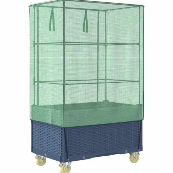 Drivhus^Højbed med drivhusovertræk og hjul - Rattan-look | Størrelse: 80x50x182 cm