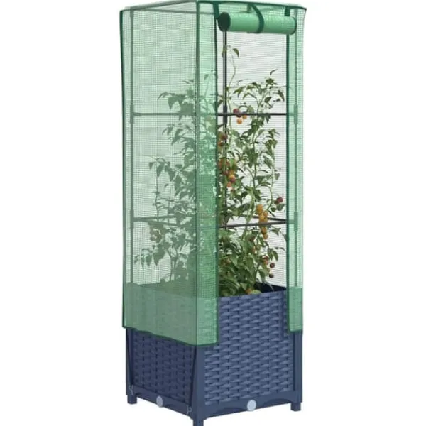 Drivhus^Højbed med drivhusovertræk 40x40x139 cm - Rattan-look | Størrelse: 40x40x139 cm