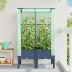 Drivhus^Højbed med drivhusovertræk - Robust design | Størrelse: 80x40x140 cm | Rattan-look
