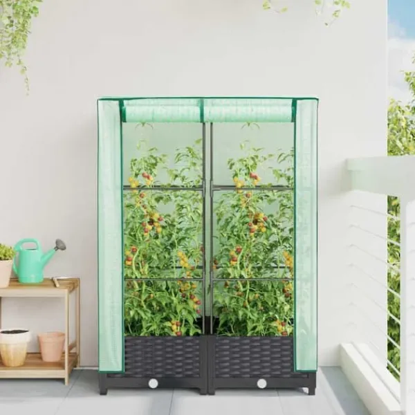 Drivhus^Højbed med drivhusovertræk - Rattan-look | Størrelse: 80x40x123 cm