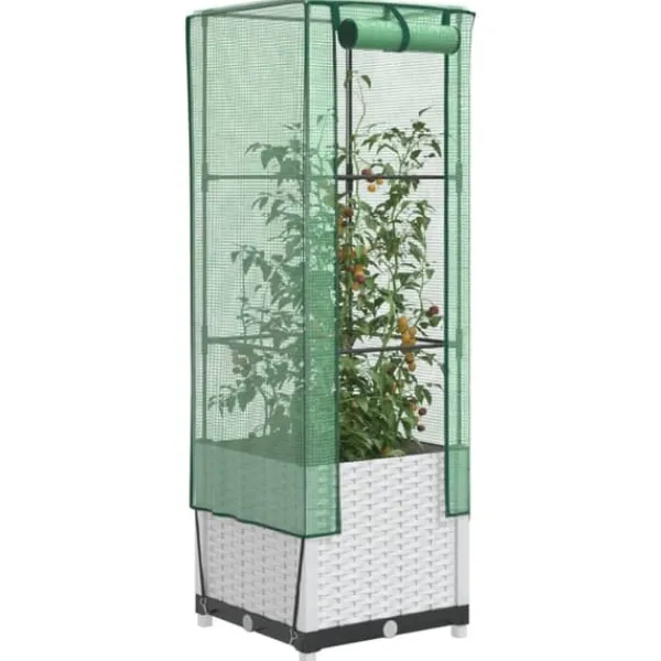 Drivhus^Højbed med drivhusovertræk - Rattan-look | Størrelse: 40x40x139 cm