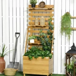 Outlet Højbed med espalier & 3 hylder 63x39x160 cm, træ brun – klatreplanter Plantningsbænke