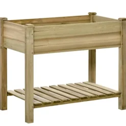 Højbed med hylde 91x51x76 cm, træ, grøn – med drænhuller Plantningsbænke