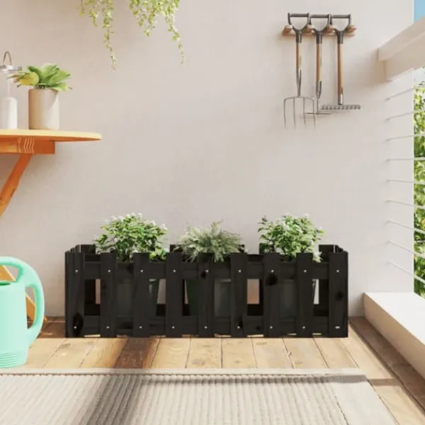 Outlet Højbed med stakitdesign - Plantebed i massivt fyrretræ | Størrelse: 100x30x30 cm | Farve: Sort Plantningsbænke