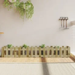Plantningsbænke^Højbed med stakitdesign i imprægneret fyrretræ | Størrelse: 200x30x30 cm