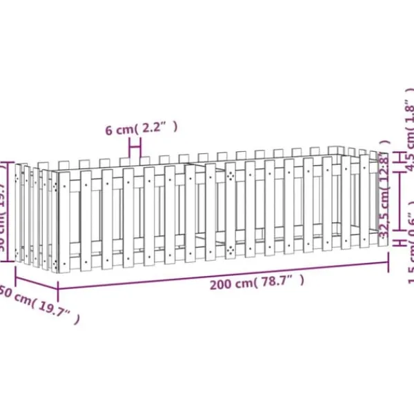 Plantningsbænke^Højbed med stakitdesign i imprægneret fyrretræ | Størrelse: 200x50x50 cm