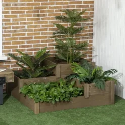 Hot Højbed 3-trins i gran 122x122x51 cm, brun – til urter & blomster Plantningsbænke