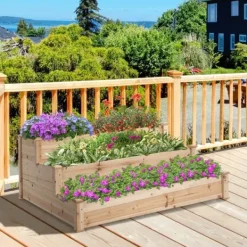 Plantningsbænke^Højbed 3-trins i træ 124x124x56 cm – urte-trappe til balkon & have