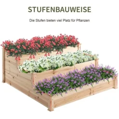 Plantningsbænke^Højbed 3-trins i træ 124x124x56 cm – urte-trappe til balkon & have