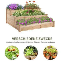 Plantningsbænke^Højbed 3-trins i træ 124x124x56 cm – urte-trappe til balkon & have
