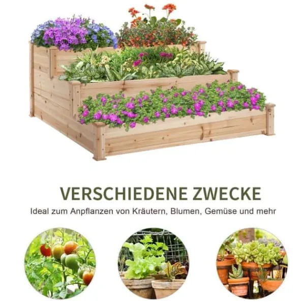 Plantningsbænke^Højbed 3-trins i træ 124x124x56 cm – urte-trappe til balkon & have