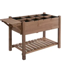 Plantningsbænke^Højbed 123x54x74 cm med 8 gitre & foldbar hylde, massivt træ, brun