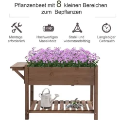 Plantningsbænke^Højbed 123x54x74 cm med 8 gitre & foldbar hylde, massivt træ, brun