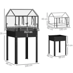 Discount Højbedsplantekasse med overdækning 60x60x120 cm, metal med dræning – vejrbestandigt urte-/grøntsagsbed, sort Drivhus