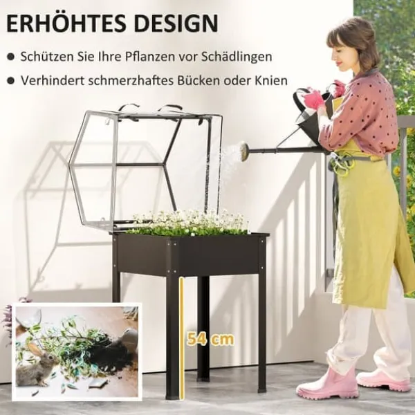 Discount Højbedsplantekasse med overdækning 60x60x120 cm, metal med dræning – vejrbestandigt urte-/grøntsagsbed, sort Drivhus