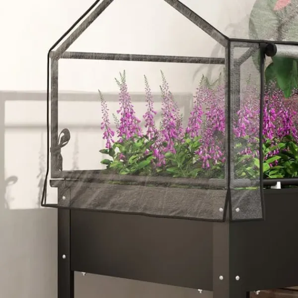 Discount Højbedsplantekasse med overdækning 60x60x120 cm, metal med dræning – vejrbestandigt urte-/grøntsagsbed, sort Drivhus