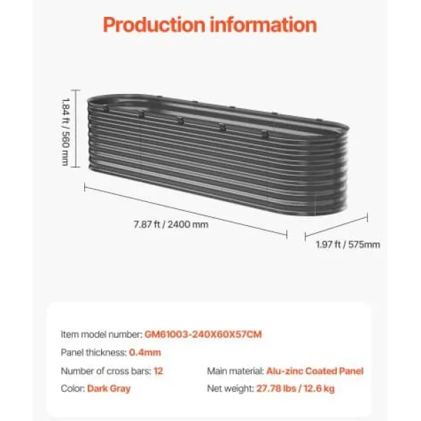 Discount Højbedsplantekasse, 240x60x56 cm, Mørkegrå, Metal Plantningsbænke