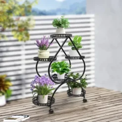 Plantestativer^Hjerteformet blomsterstander - Planteholder med 6 bakker - Jern - 4 hjul - 7,5 kg pr. bakke - Bakker Ø25×3,5 cm - Inde/ude - Sort