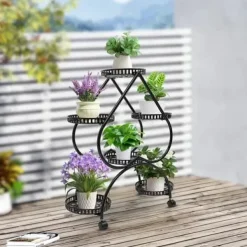 Plantestativer^Hjerteformet blomsterstander - Planteholder med 6 bakker - Jern - 4 hjul - 7,5 kg pr. bakke - Bakker Ø25×3,5 cm - Inde/ude - Sort