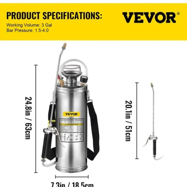 Haveværktøj^Hånddrevet sprøjte, rustfrit stål, stort flow stempelstang, 10L 3Gal