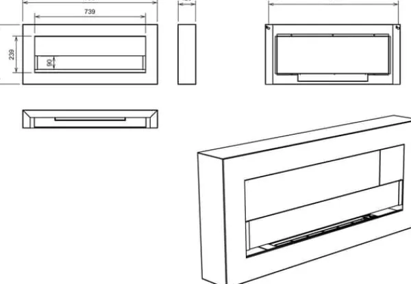 Pejse^Hængende ethanolkomfur Biokomfur Hængende biokomfur Bioethanolbrænder BOX 90 cm x 40 cm x 12 cm Mat sort med glas økologisk komfur