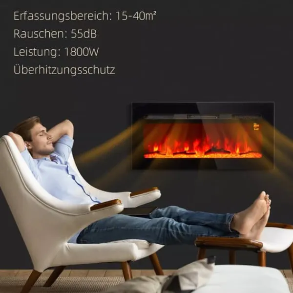 Hot HOMCOM Elektrisk vægpejs 1800W med LED flammeeffekt, 3 flamme farver, 5 lysstyrker, sort, hærdet glas Pejse