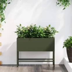 Plantningsbænke^Hævet havekrukke i stål - Rektangulær og stilren | Farve: Olivengrøn | Størrelse: 60 x 26 x 45 cm
