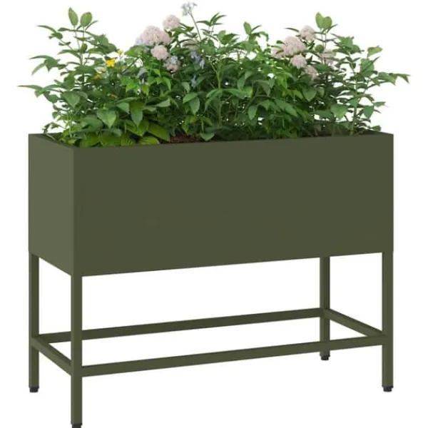 Plantningsbænke^Hævet havekrukke i stål - Rektangulær og stilren | Farve: Olivengrøn | Størrelse: 60 x 26 x 45 cm
