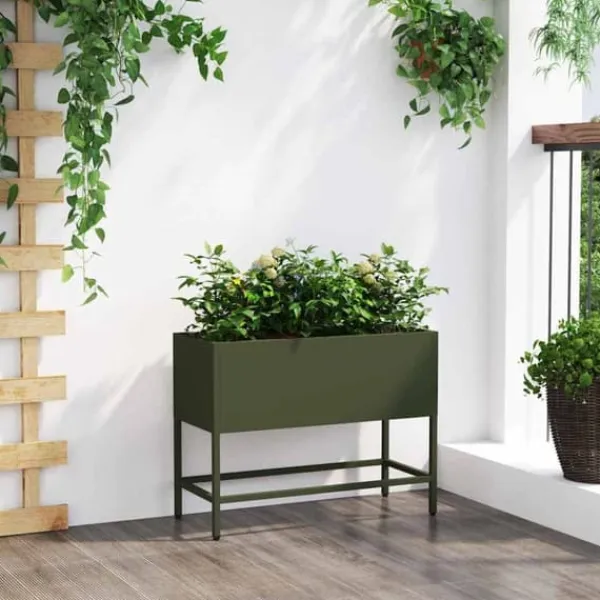 Plantningsbænke^Hævet havekrukke i stål - Rektangulær og stilren | Farve: Olivengrøn | Størrelse: 60 x 26 x 45 cm