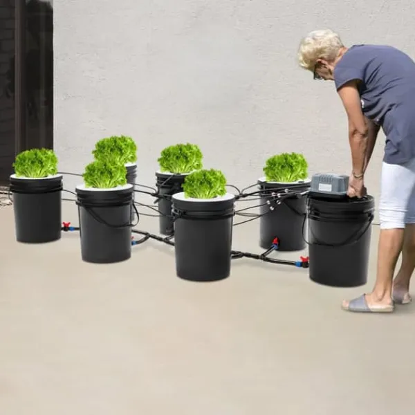 Kit Til Plante- & Urtedyrkning^Hydroponisk dyrkning - DWC system - 7 spande - 20 L pr. spand - EU-stik 220–240 V 9 W - 30×38 cm - Sort