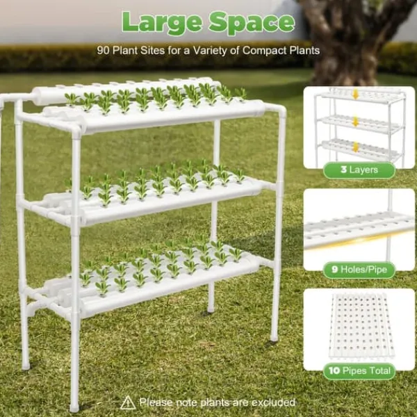 Kit Til Plante- & Urtedyrkning^Hydroponisk dyrkningsanlæg - Havekit - 3 niveauer - 90 plantepladser - Fritstående - EU-stik - 102×40×100 cm - Hvid