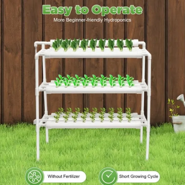 Kit Til Plante- & Urtedyrkning^Hydroponisk dyrkningsanlæg - Havekit - 3 niveauer - 90 plantepladser - Fritstående - EU-stik - 102×40×100 cm - Hvid