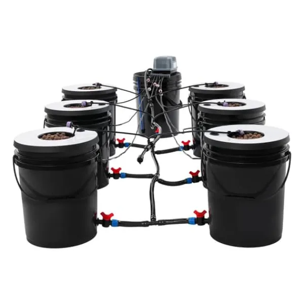 Kit Til Plante- & Urtedyrkning^Hydroponisk dyrkningsanlæg - DWC sæt med 7 spande - 20 l pr. spand - Luftpumpe EU-stik - Max løftehøjde 1,2 m - PP - Sort