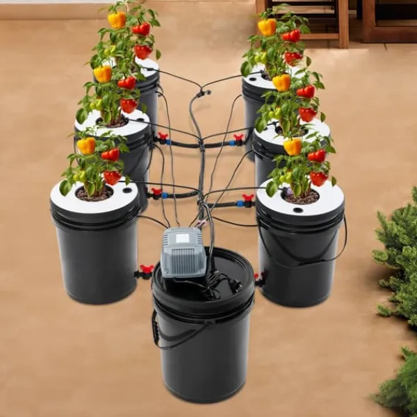 Kit Til Plante- & Urtedyrkning^Hydroponisk dyrkningsanlæg - DWC sæt med 7 spande - 20 l pr. spand - Luftpumpe EU-stik - Max løftehøjde 1,2 m - PP - Sort