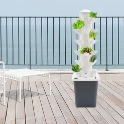 Kit Til Plante- & Urtedyrkning^Hydroponisk dyrkningsanlæg - Vertikalt tårnsæt - 6 niveauer - 30 plantehuller - Med vandpumpe - Vandstandsmåler - Hvid/Grå