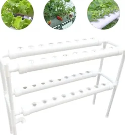 Discount Hydroponisk Dyrkningssæt - Hydroponisk Plantesystem - 2 Niveauer - 72 Plantepladser - Vandingssystem - Hvid Kit Til Plante- & Urtedyrkning