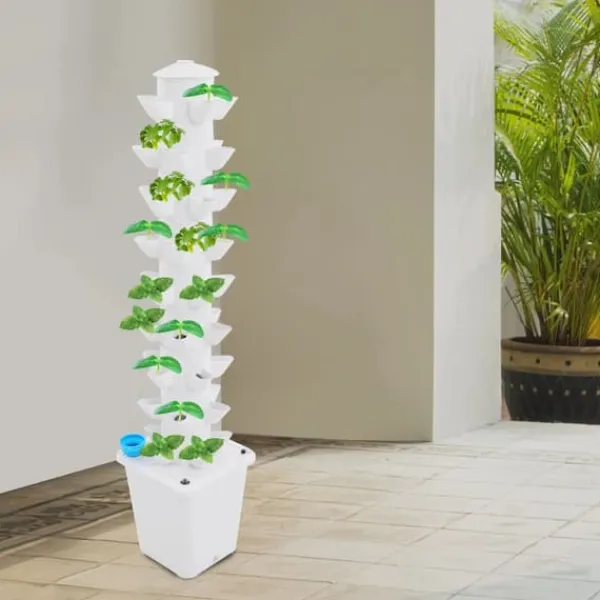 Kit Til Plante- & Urtedyrkning^Hydroponisk dyrkningssæt - Vertikalt dyrkningstårn - 45 plantehuller - 9 niveauer - Indendørs - Vandpumpe - Vandstandsmåler - EU-stik - Hvid